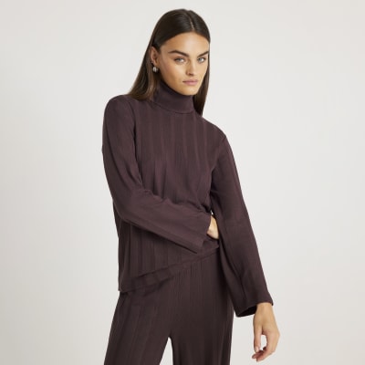 Brown Long Sleeve Wide Ribbed Top