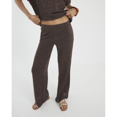Brown Lurex Ribbed Wide Leg Trousers