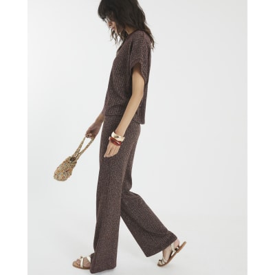 Brown Lurex Ribbed Wide Leg Trousers