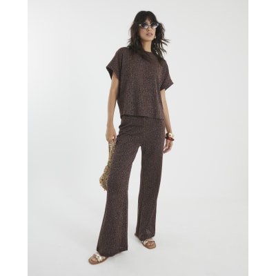 Brown Lurex Ribbed Wide Leg Trousers