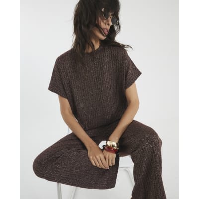 Brown Lurex Ribbed Wide Leg Trousers