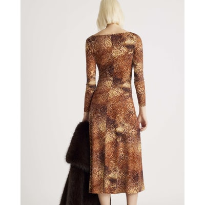 Brown Mesh Long Sleeve Spot Print Midi Dress