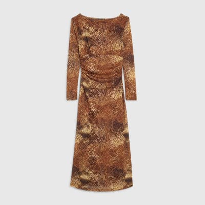 Brown Mesh Long Sleeve Spot Print Midi Dress