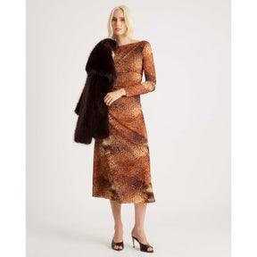 Brown Mesh Long Sleeve Spot Print Midi Dress