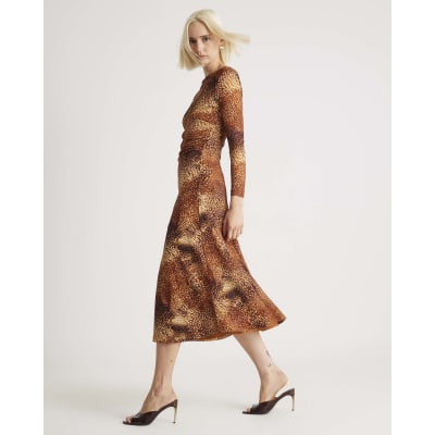 Brown Mesh Long Sleeve Spot Print Midi Dress