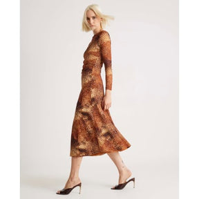 Brown Mesh Long Sleeve Spot Print Midi Dress