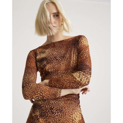 Brown Mesh Long Sleeve Spot Print Midi Dress