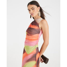 Brown Mesh Sleeveless Ruched Midi Dress