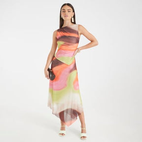 Brown Mesh Sleeveless Ruched Midi Dress