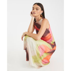 Brown Mesh Sleeveless Ruched Midi Dress