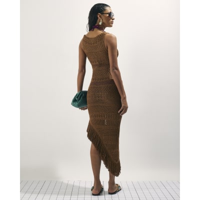 Brown Metallic Knit Asymmetric Midi Dress