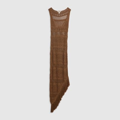 Brown Metallic Knit Asymmetric Midi Dress
