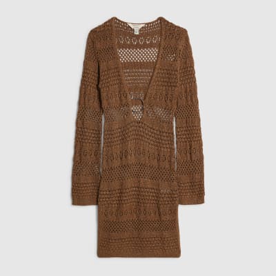 Brown Metallic Knit Mini Beach Dress
