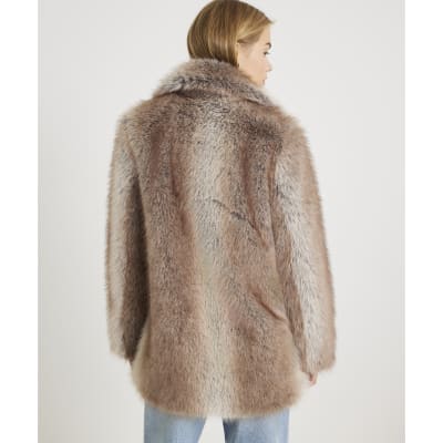 Brown Mid Length Faux Fur Coat