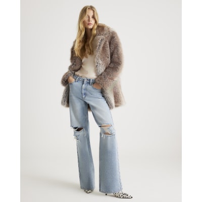 Brown Mid Length Faux Fur Coat