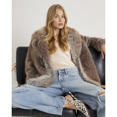Brown Mid Length Faux Fur Coat