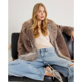Brown Mid Length Faux Fur Coat
