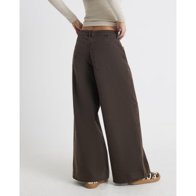 Brown Mid Rise Baggy Wide Leg Jeans