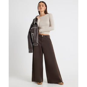 Brown Mid Rise Baggy Wide Leg Jeans