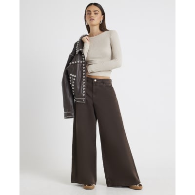 Brown Mid Rise Baggy Wide Leg Jeans