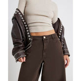 Brown Mid Rise Baggy Wide Leg Jeans