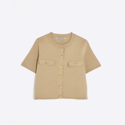 Brown Military Button Detail T-shirt