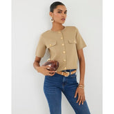 Brown Military Button Detail T-shirt