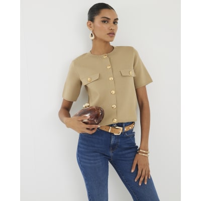 Brown Military Button Detail T-shirt