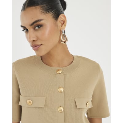 Brown Military Button Detail T-shirt