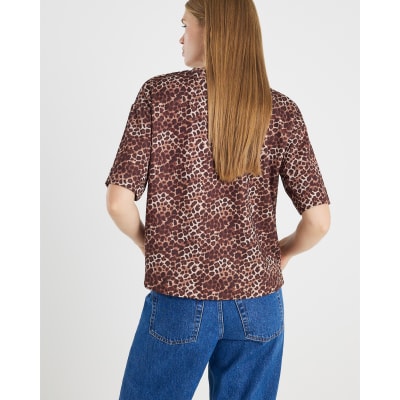 Brown Neoprene Leopard Print Boxy T-shirt