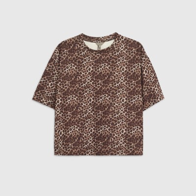 Brown Neoprene Leopard Print Boxy T-shirt