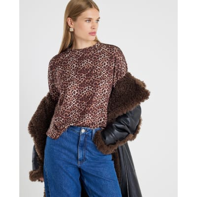 Brown Neoprene Leopard Print Boxy T-shirt