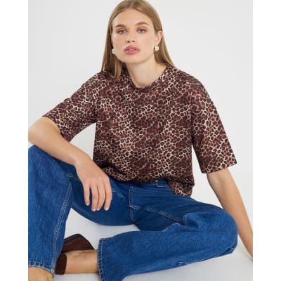 Brown Neoprene Leopard Print Boxy T-shirt