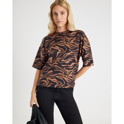 Brown Neoprene Zebra Print Boxy T-shirt