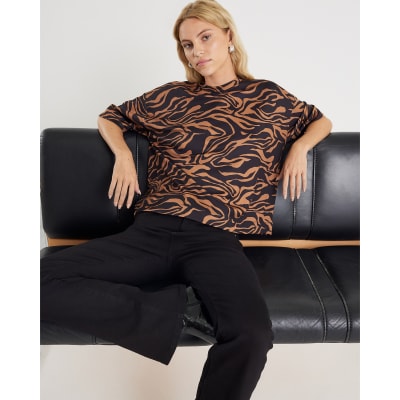 Brown Neoprene Zebra Print Boxy T-shirt