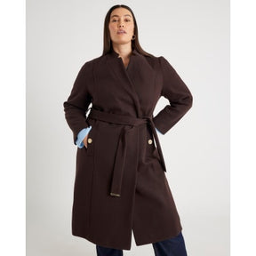 Brown Notch Collar Belted Wrap Coat