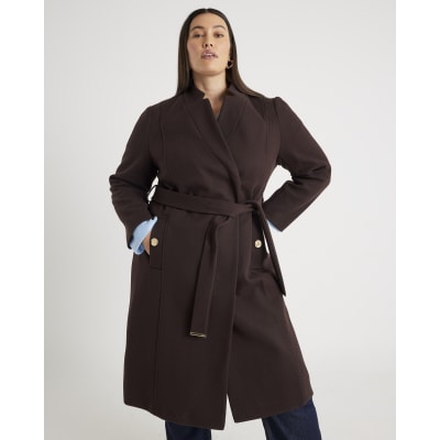 Brown Notch Collar Belted Wrap Coat