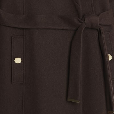 Brown Notch Collar Belted Wrap Coat