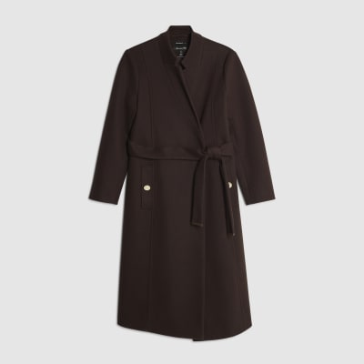 Brown Notch Collar Belted Wrap Coat