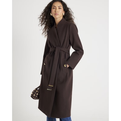 Brown Notch Collar Belted Wrap Coat