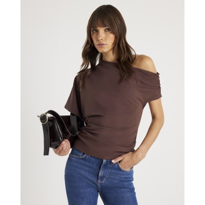 Brown One Shoulder Drape Top