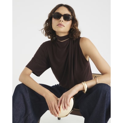 Brown One Shoulder Scarf Neck Detail T-shirt