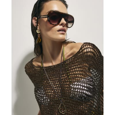 Brown Open Knit Asymmetric Cape