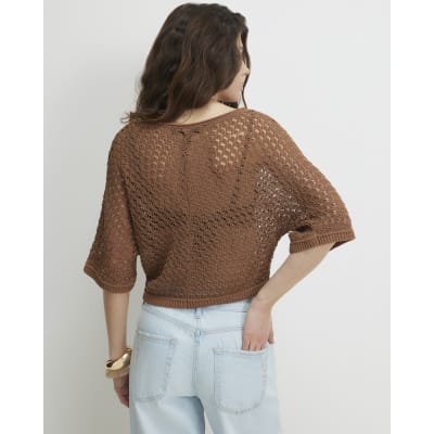 Brown Open Stitch Knitted T-Shirt
