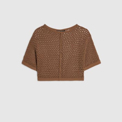 Brown Open Stitch Knitted T-Shirt