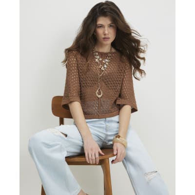 Brown Open Stitch Knitted T-Shirt