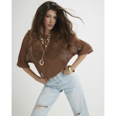 Brown Open Stitch Knitted T-Shirt