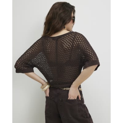 Brown Open Stitch Knitted T-Shirt