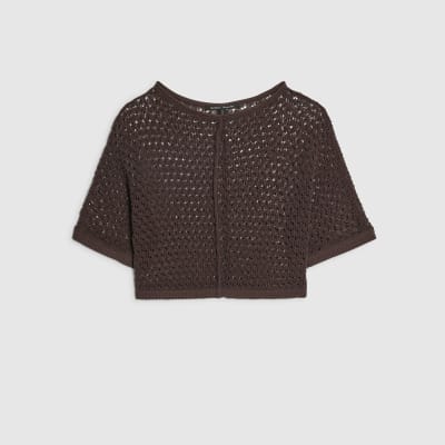 Brown Open Stitch Knitted T-Shirt