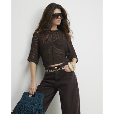 Brown Open Stitch Knitted T-Shirt